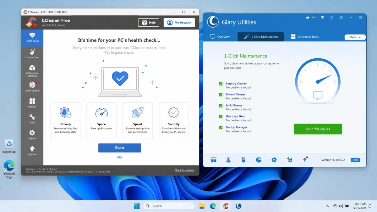 CCleaner's Health Check dashboard and Glary Utilities' 1-Click Maintenance screen shown side by side on the same Windows 11 desktop, with both scan buttons visible.