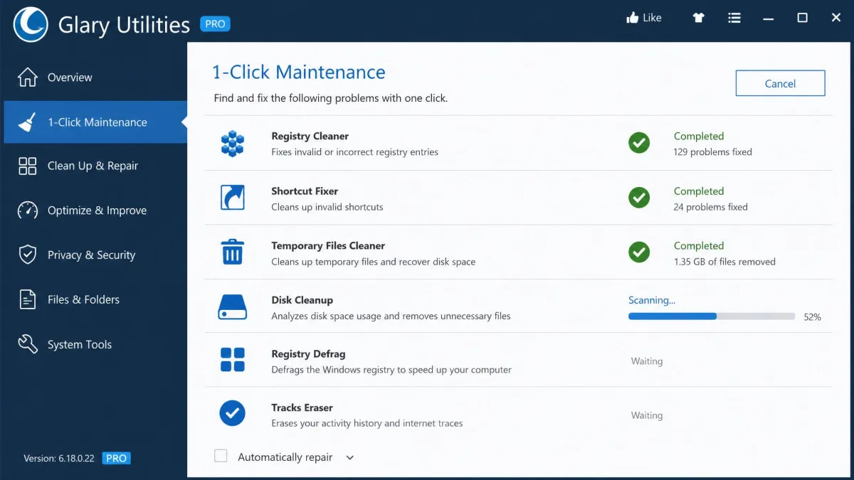 Glary Utilities running a 1-Click Maintenance pass, with green checkmarks beside completed registry, shortcut and temp file steps and a progress bar on disk cleanup.