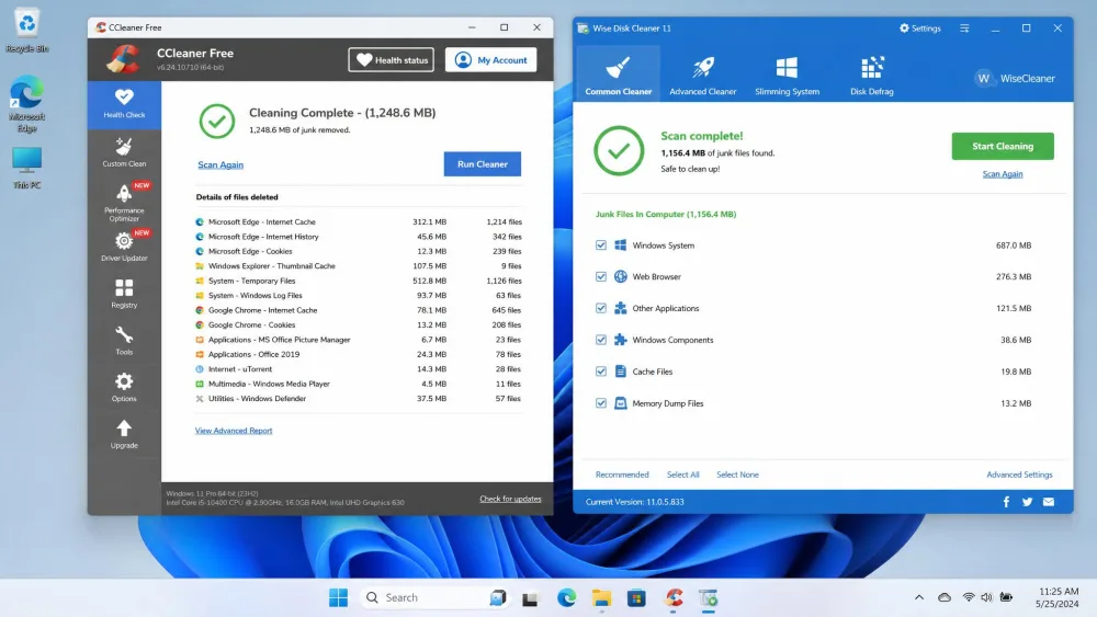 CCleaner and Wise Disk Cleaner open side by side on a Windows 11 desktop, each showing a completed junk file scan with its total in megabytes.