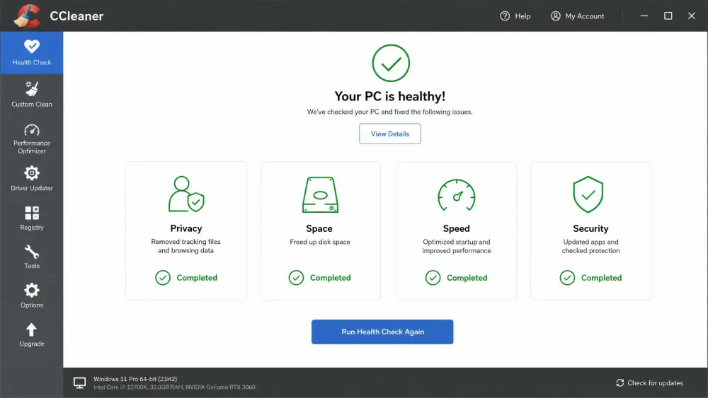 CCleaner Health Check summary screen after a run, showing privacy, space, speed and security results with a green completed checkmark for each.