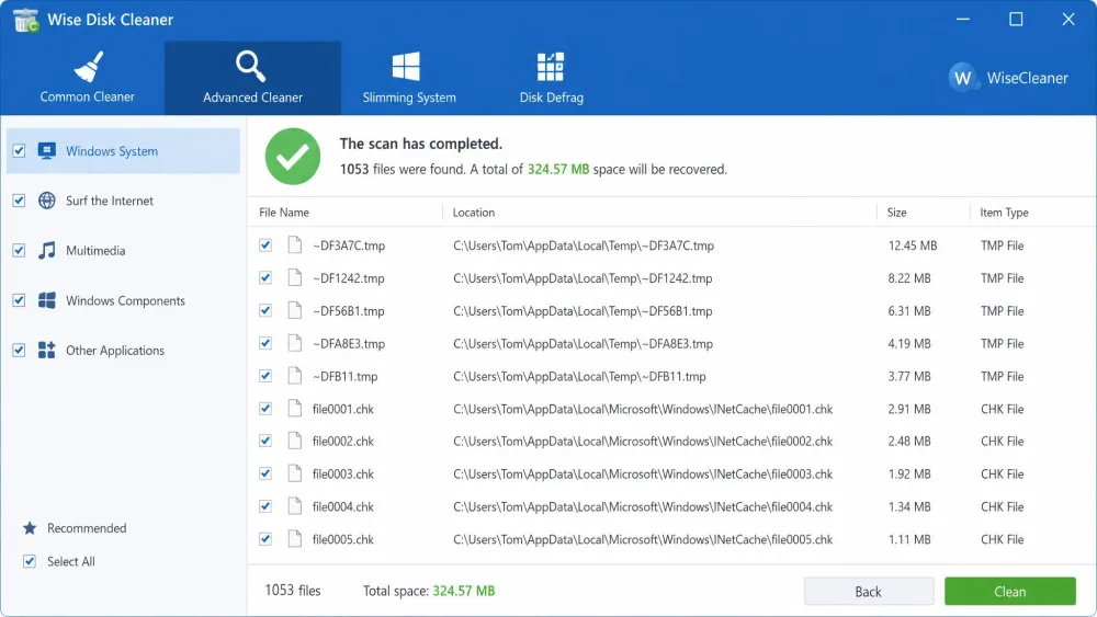 Wise Disk Cleaner's Advanced Cleaner results list showing recovered .tmp and .chk files with the total megabytes freed displayed at the bottom of the window.
