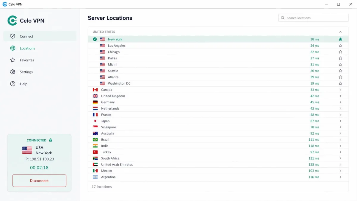 Celo VPN's server location list on Windows showing about 17 countries, including eight US cities, with a US server selected and connected.