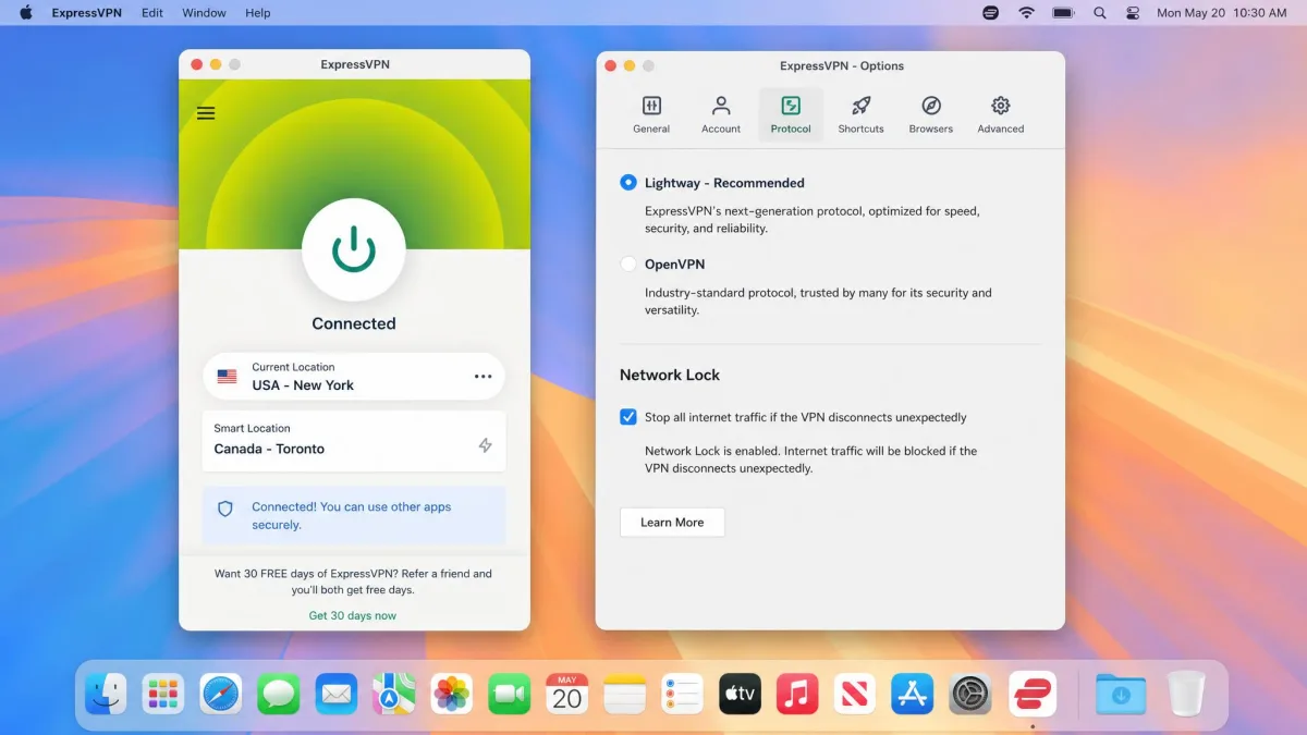 The ExpressVPN app on a Mac connected over the Lightway protocol, with the Network Lock kill switch enabled in settings.
