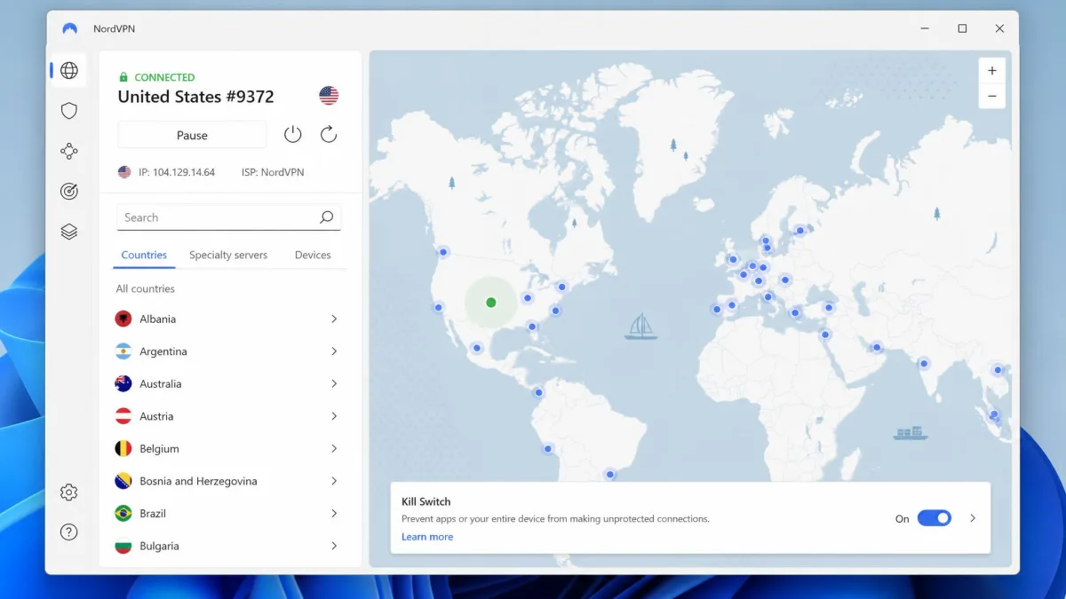 The NordVPN Windows app connected to a US server, with the country list view open and the kill switch setting visible.