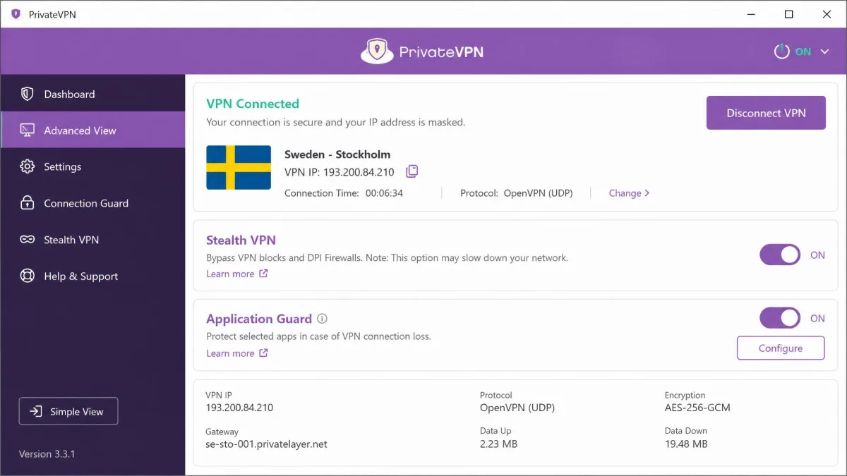 PrivateVPN's Advanced View on Windows, showing the Stealth VPN toggle, the Application Guard kill switch and a Swedish server connected.