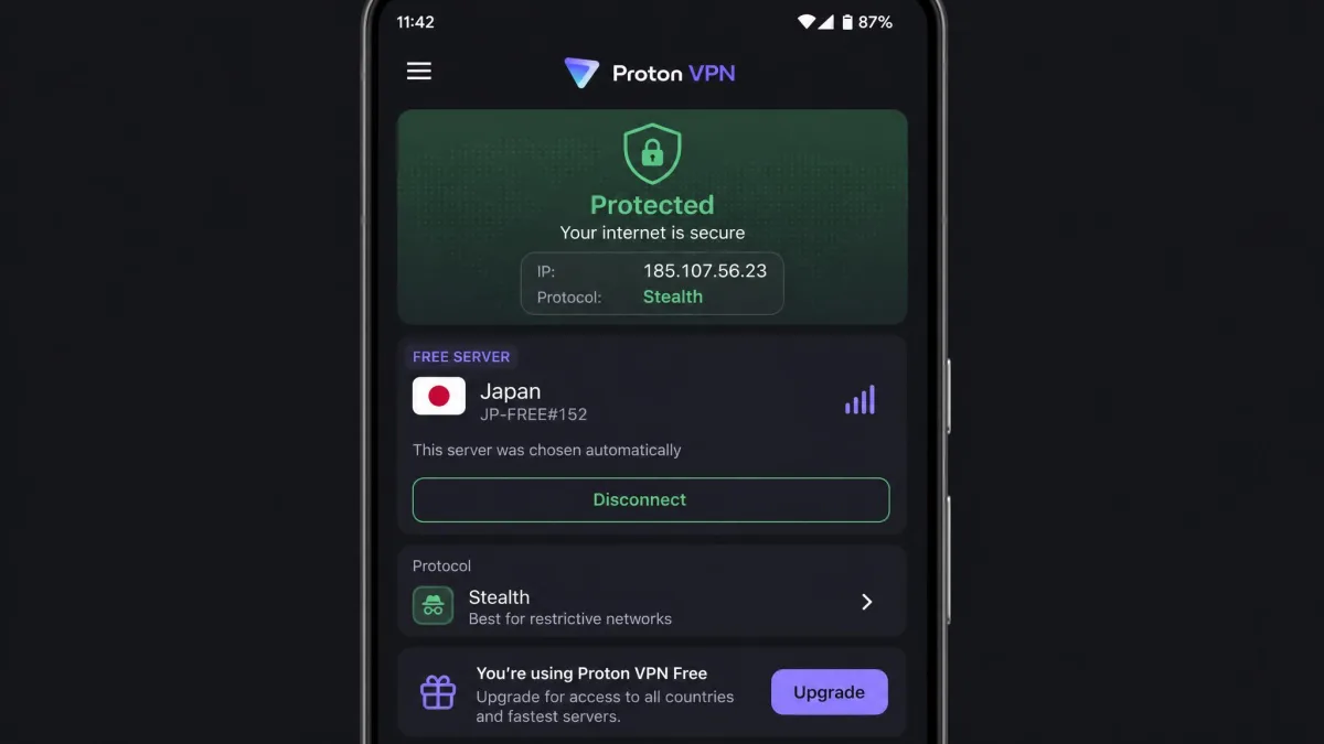 Proton VPN's free plan on an Android phone showing an automatically chosen free server, the green protected status and the Stealth protocol option.