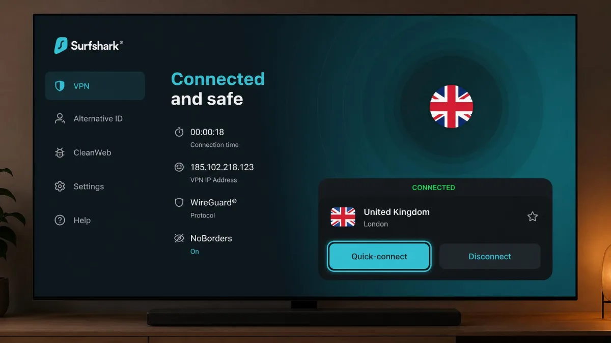 The Surfshark app on an Android TV home screen, connected to a UK server with the quick-connect button highlighted.