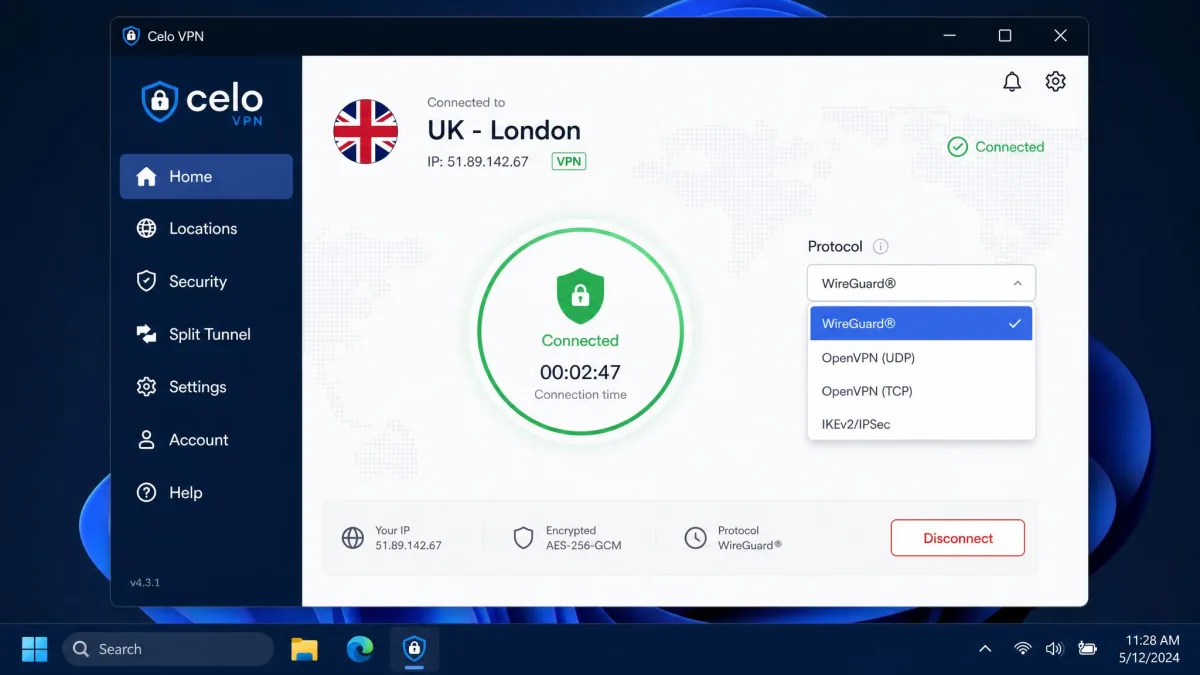 Celo VPN Windows desktop client showing a connected session to a UK server, with the encryption protocol dropdown open and the connection timer running.