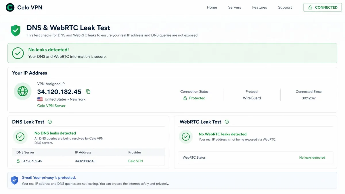 A DNS and WebRTC leak test result page showing Celo VPN's assigned server IP with no DNS or WebRTC leaks detected during a connected session.