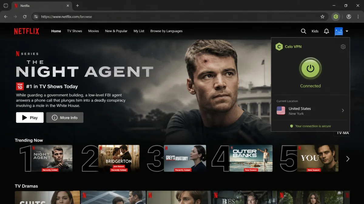 Netflix US home screen loading successfully while connected to a Celo VPN United States server, shown in a desktop browser.