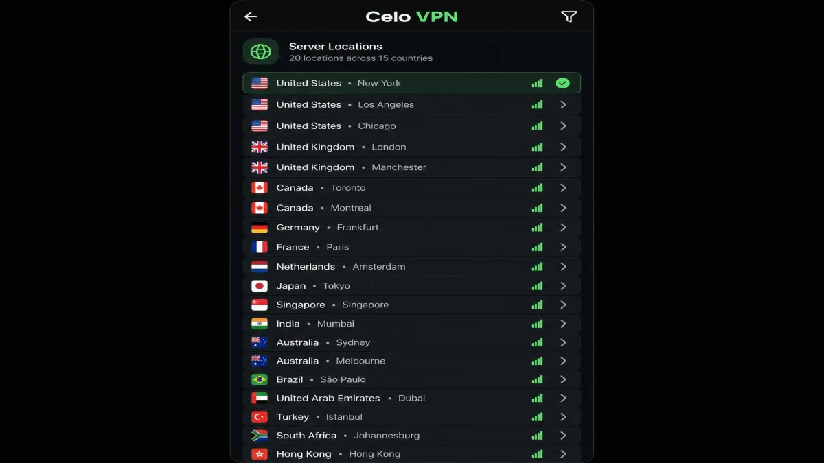 Celo VPN app server list showing around 20 available locations across 15 countries, including United States, United Kingdom, and Australia entries.