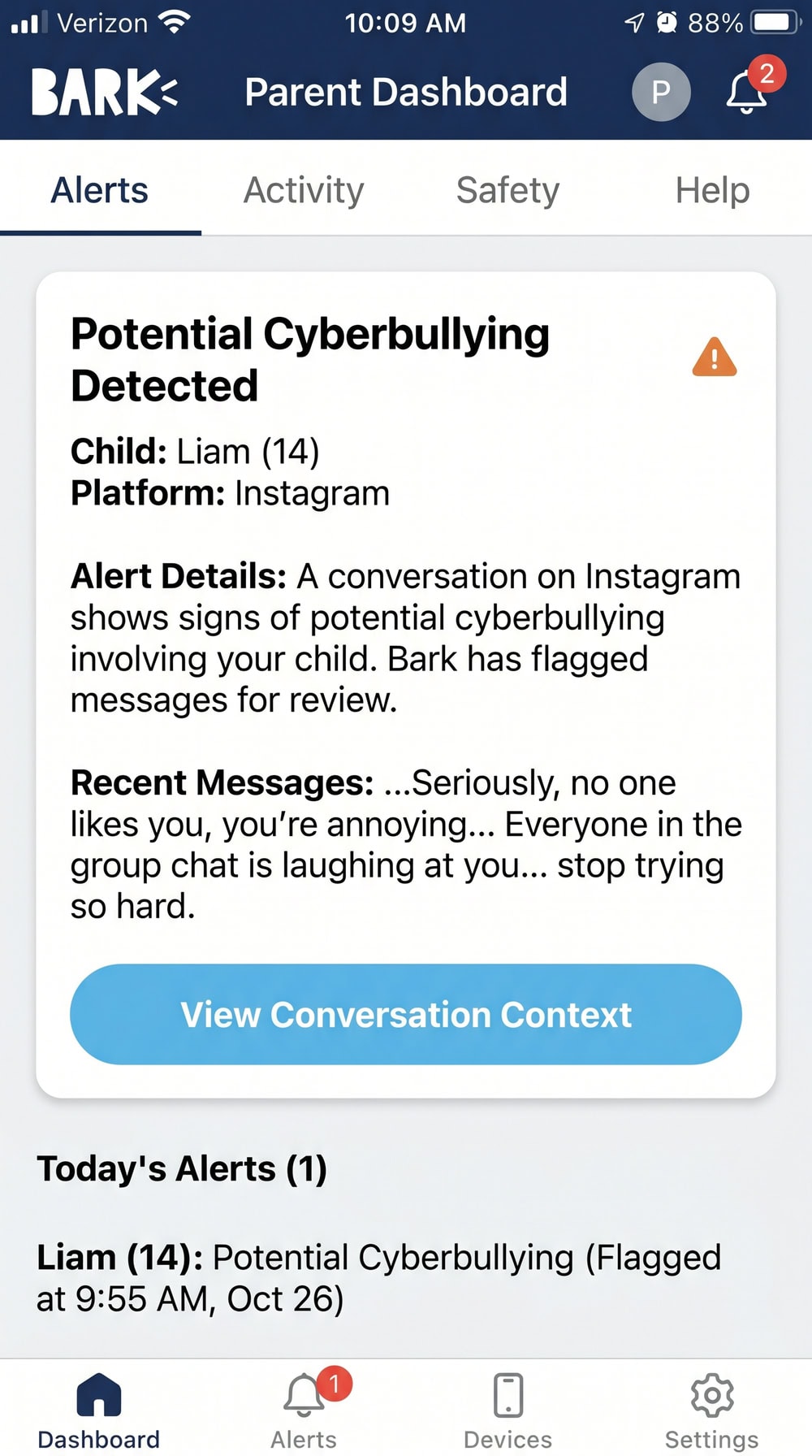 Bark parent app on an iPhone showing a flagged "potential cyberbullying" alert card with a button to view the conversation context.