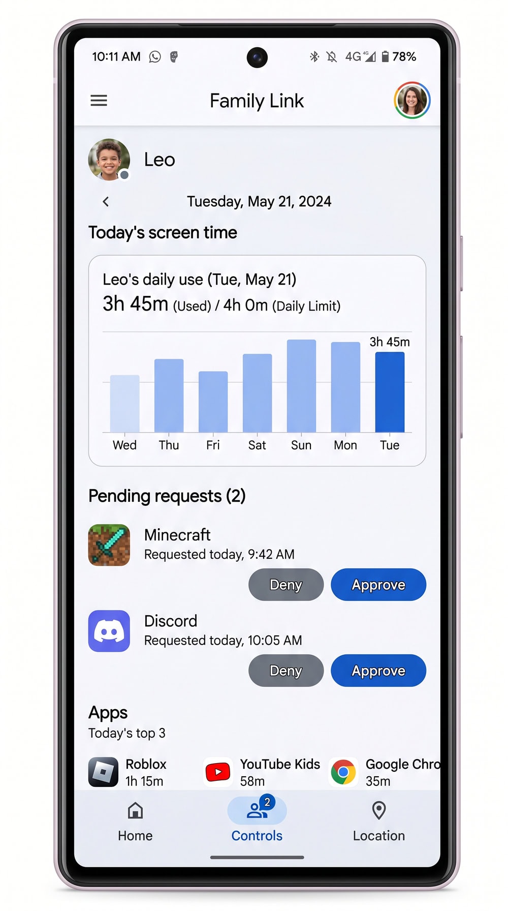 Google Family Link on a parent's Android phone showing a child's daily screen-time chart with pending app-approval requests.