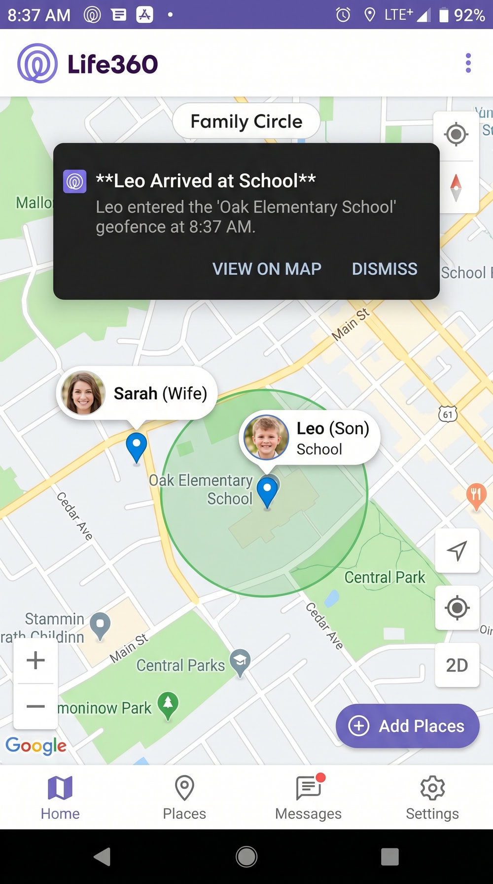 Life360 map on an Android phone showing a family Circle with two member pins and an "Arrived at School" geofence notification.