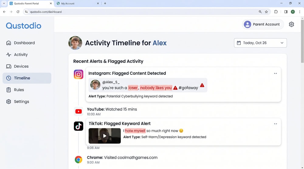 Qustodio dashboard on a laptop showing a child's social-media timeline with flagged keyword alerts from Instagram and TikTok.