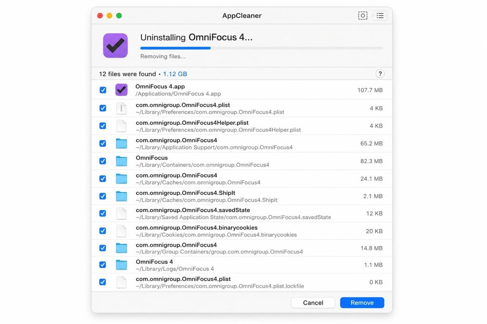 AppCleaner on a Mac uninstalling an app alongside eleven leftover preference, cache and support files listed with checkboxes.