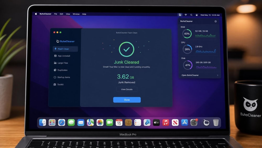 BuhoCleaner Flash Clean on a MacBook Pro with junk cleared and a menu-bar widget showing live RAM, CPU and disk usage.