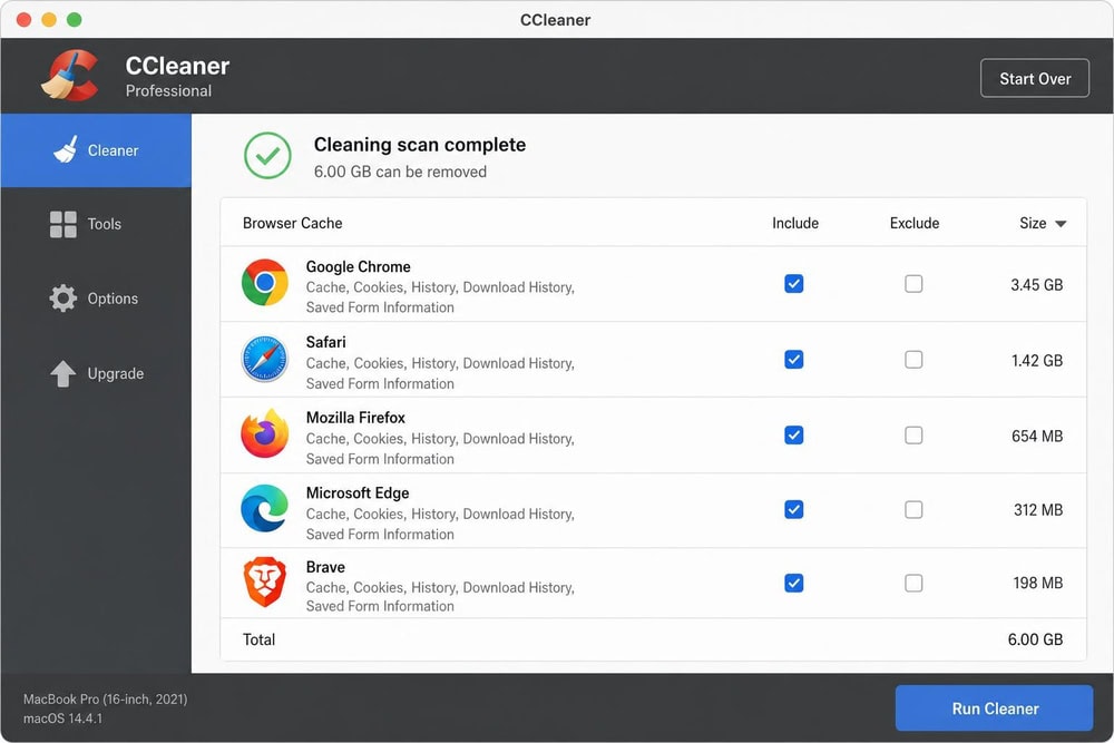 CCleaner for Mac scan results on a MacBook Air showing 6 GB of browser cache grouped into categories, each with an include/exclude checkbox.