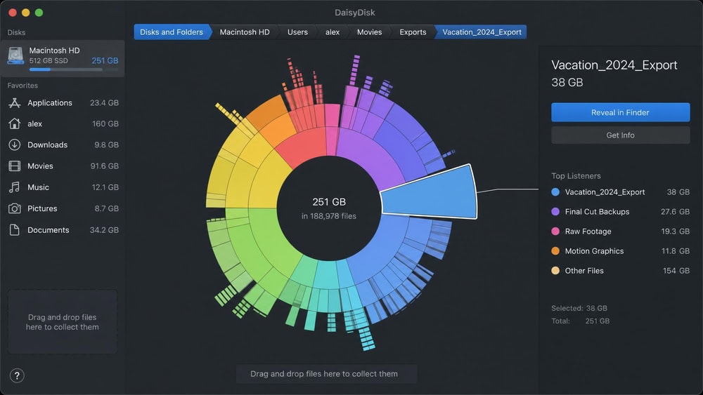 DaisyDisk sunburst disk map on a Mac showing a 512 GB SSD as colored rings, with a 38 GB video-export folder highlighted as one wide segment.