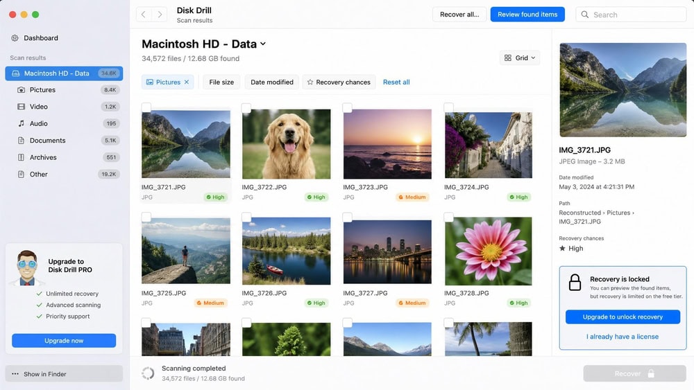Disk Drill recovery scan on a Mac listing recoverable deleted photos as thumbnail previews, with an upgrade prompt showing recovery locked on the free tier.
