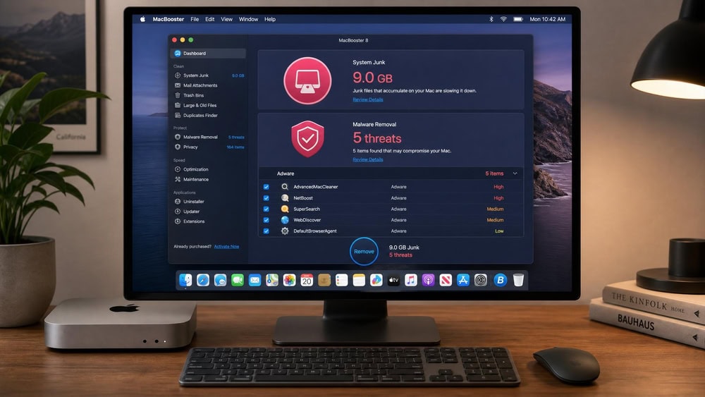 MacBooster dashboard on a Mac mini showing 9 GB of system junk and several flagged adware items ready to remove.