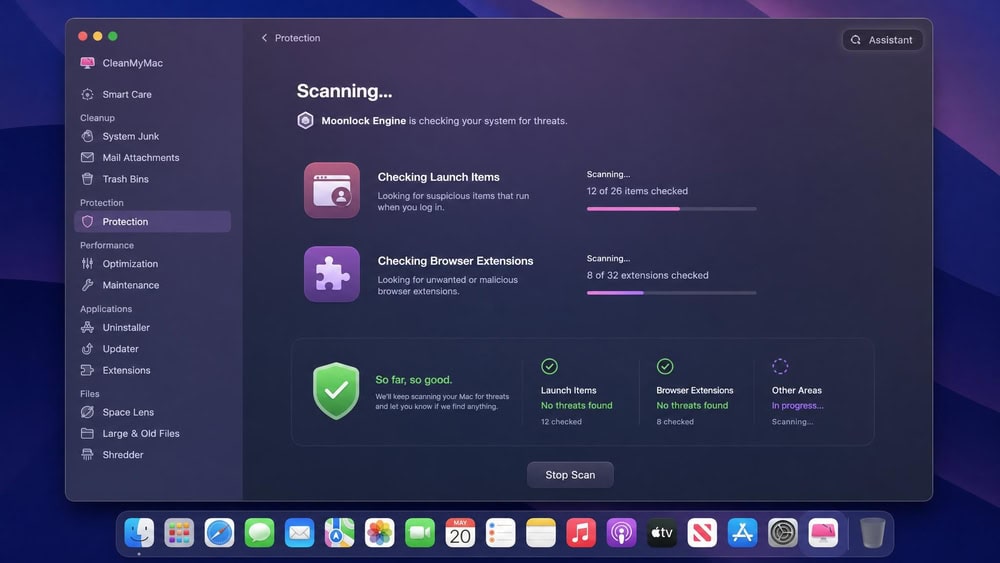 CleanMyMac Protection module mid-scan on macOS, showing the Moonlock Engine checking launch items and browser extensions with a clean-result summary forming below.