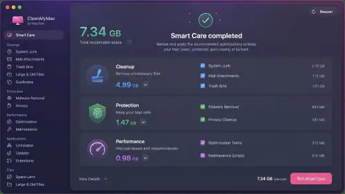 CleanMyMac showing a completed Smart Care scan on macOS.