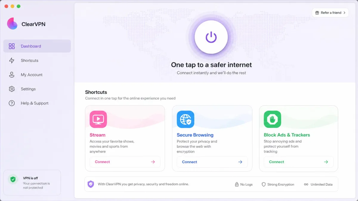 ClearVPN's macOS dashboard showing task-based shortcut tiles for streaming, secure browsing and ad blocking, with the one-tap connect button at the top and no city-level server list.