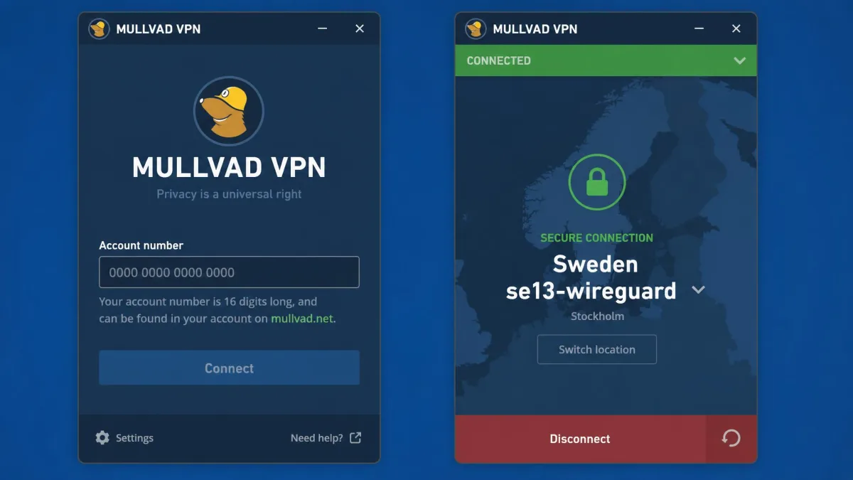 Mullvad VPN's desktop login screen with a field for the 16-digit account number, next to the connected view showing a Swedish WireGuard server.