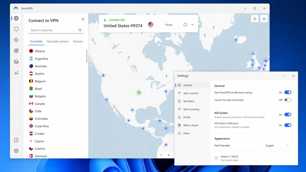The NordVPN Windows app connected to a US server, with the country list view open on the left and the kill switch toggle visible in settings.