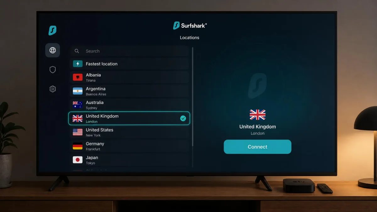 Surfshark's Apple TV app showing the location list with a UK server highlighted and the connect button in the centre of the TV screen.