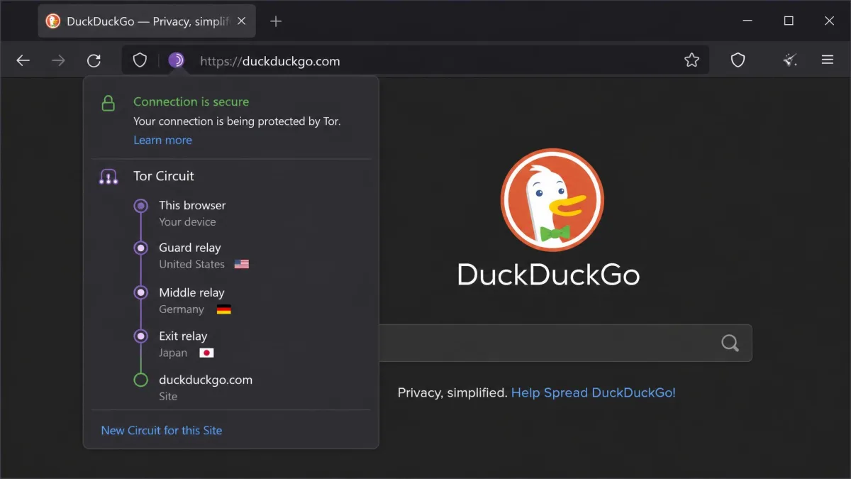 Tor Browser's circuit panel showing a website reached through three relays in different countries, with the onion icon in the address bar.