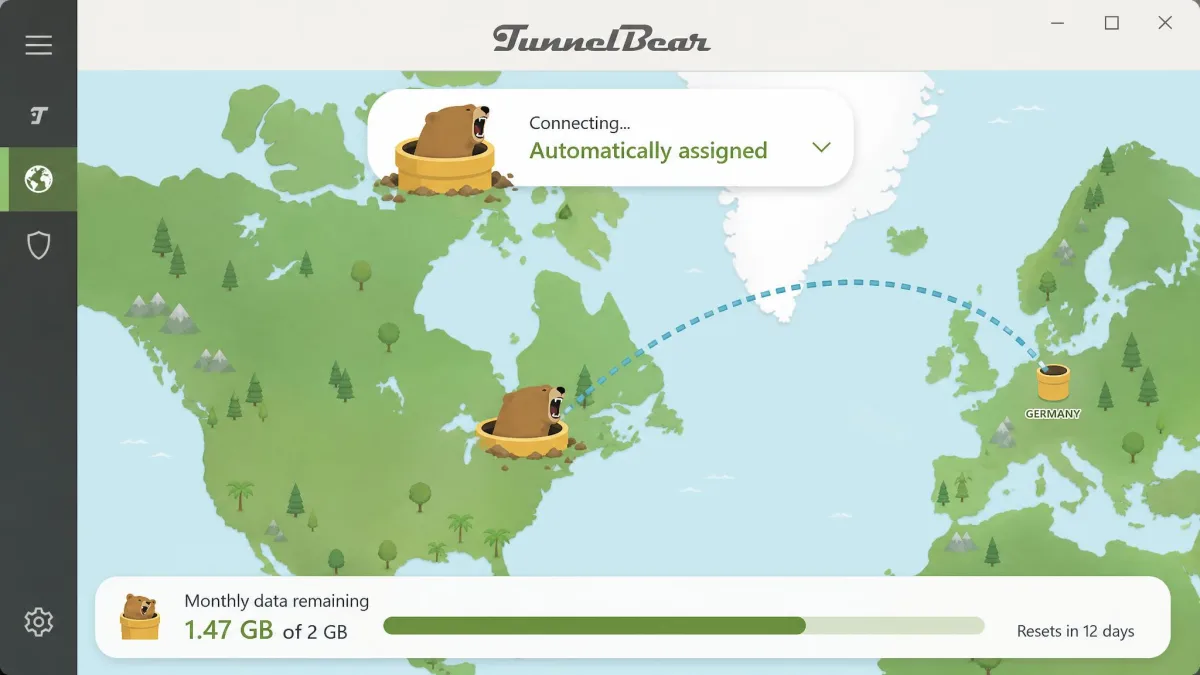 TunnelBear's map-based desktop app with a bear tunnelling to an automatically assigned location and the free plan's remaining monthly data shown at the bottom.