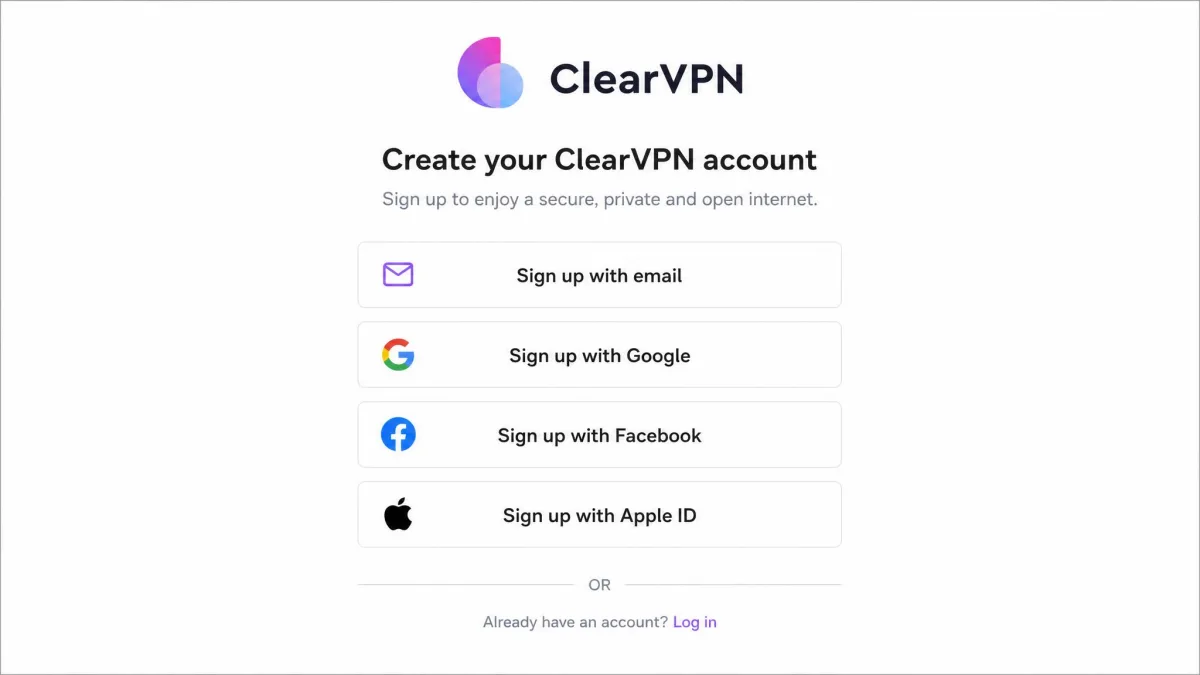 ClearVPN account sign-up screen offering email, Google, Facebook, and Apple ID registration options on a clean white interface.