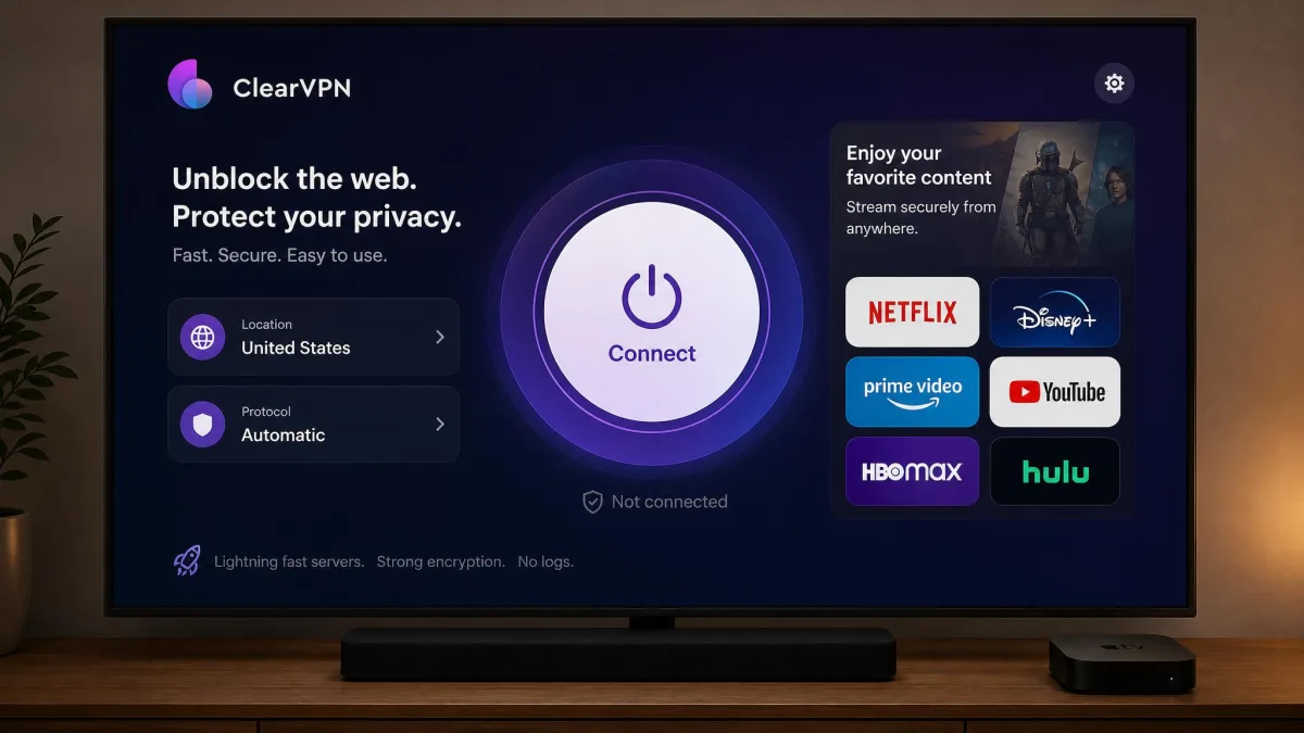 ClearVPN app running on an Apple TV home screen with large connect button and streaming shortcuts visible on a television.