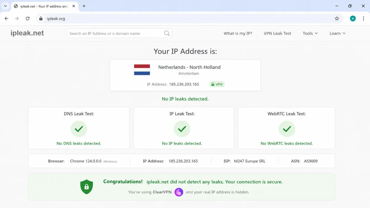 Browser showing an ipleak.org results page with ClearVPN connected, displaying no DNS, IP, or WebRTC leaks and only the VPN server location visible.