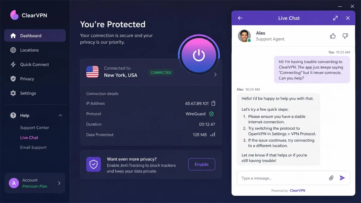 ClearVPN live chat support window open in the corner of the screen with a support agent responding to a connection question.