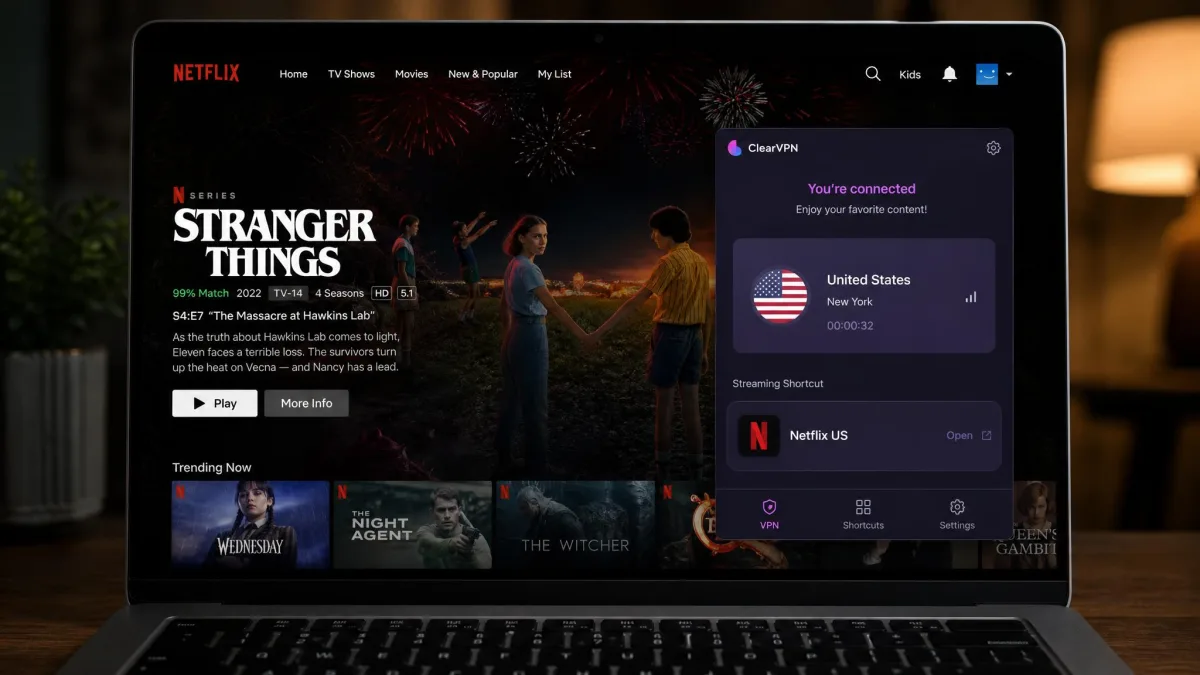 ClearVPN streaming shortcut screen on a laptop with Netflix playing a US-only title in the background after connecting through a US server.