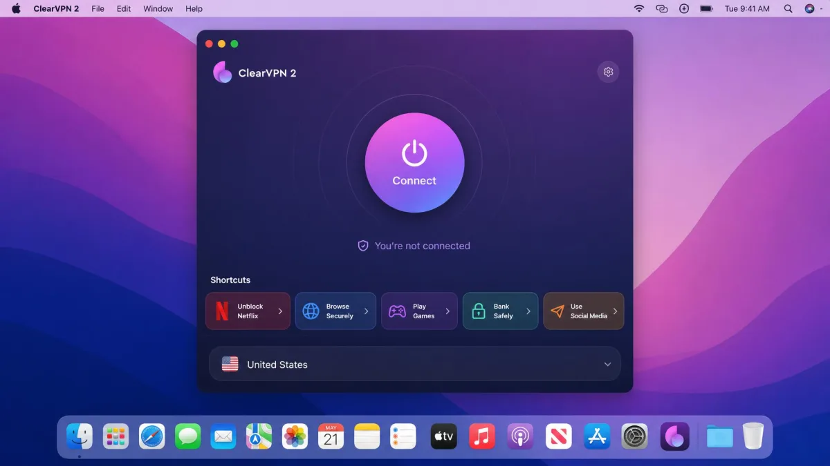 ClearVPN 2 main window on macOS showing the large one-tap connect button and a row of task-based shortcuts like Unblock Netflix and Browse Securely.