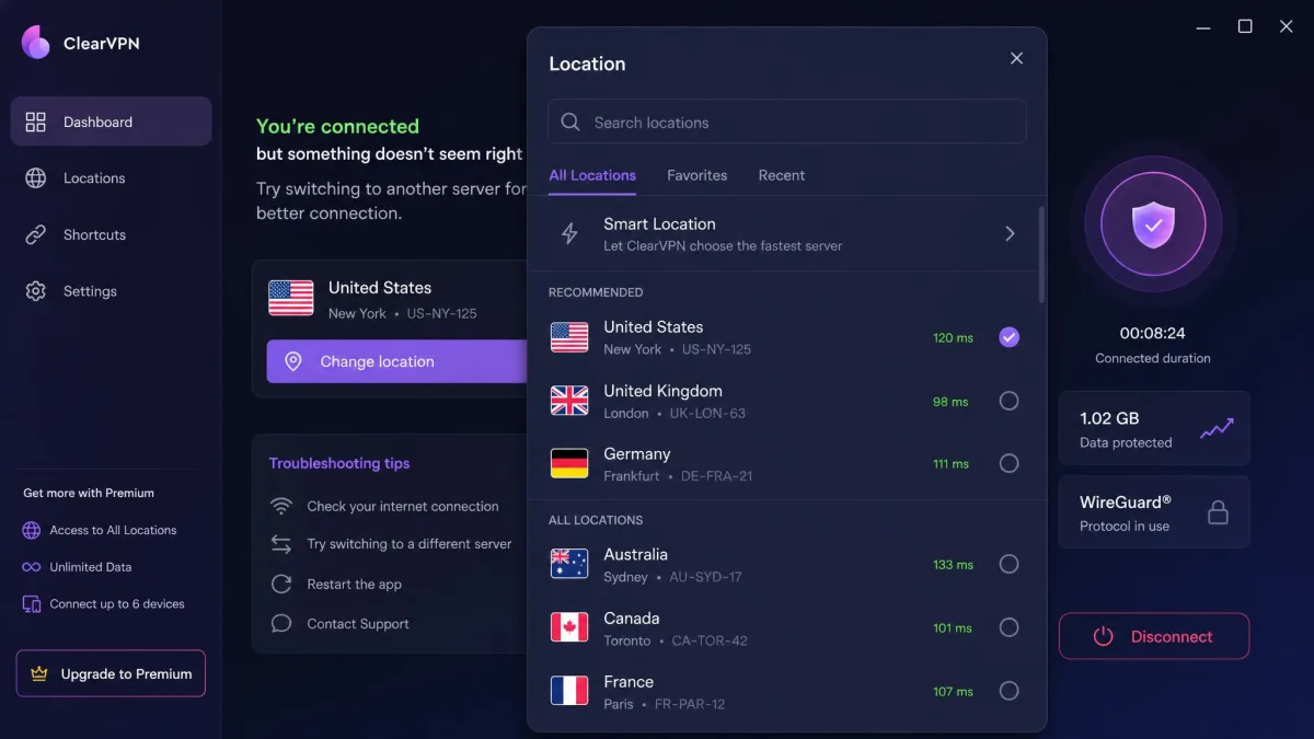 ClearVPN location picker open mid-troubleshooting as a user switches from one server to another to fix a connection problem.