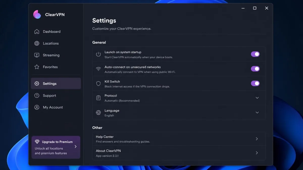ClearVPN settings panel on Windows showing available options with no split tunneling toggle present, highlighting the limited configuration choices.