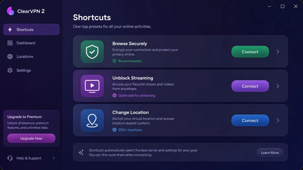 ClearVPN 2 shortcuts screen listing task-based presets such as Browse Securely, Unblock Streaming, and Change Location instead of a traditional server list.
