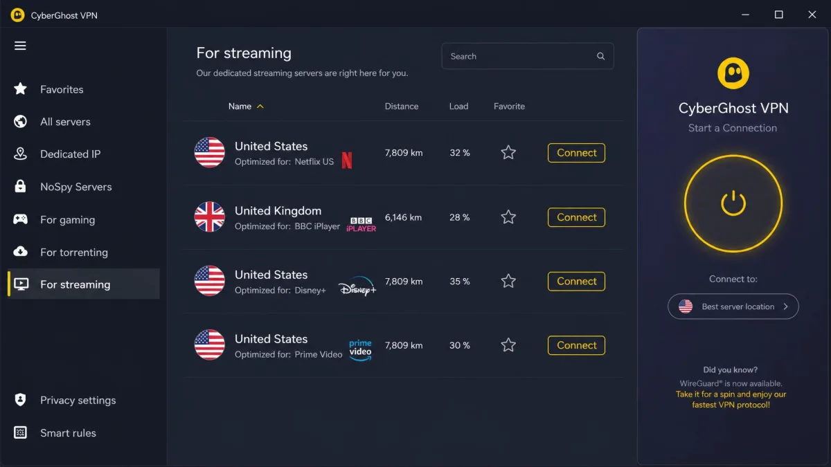 The CyberGhost Windows app with the "For streaming" server tab open, showing servers labelled for Netflix US, BBC iPlayer, Disney+ and Prime Video, next to the connect button.