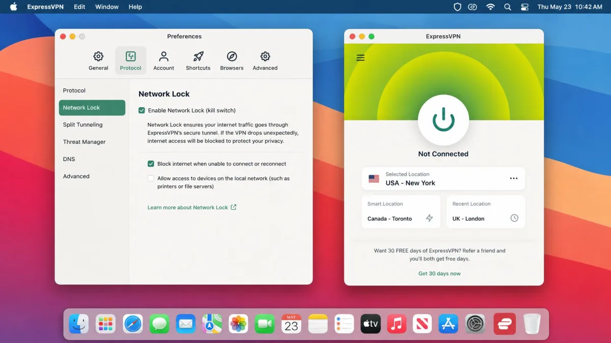 ExpressVPN's macOS app with the Network Lock kill switch settings open and the Lightway protocol selected, beside the main connect screen showing a US server location.