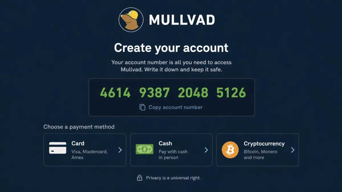 Mullvad's signup screen displaying a freshly generated 16-digit account number with no email or name fields, and the payment options for card, cash and cryptocurrency below it.