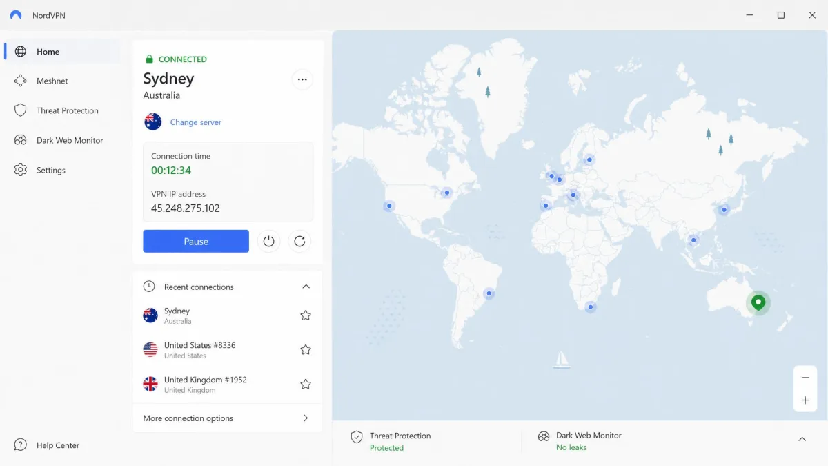 The NordVPN Windows app connected to a Sydney, Australia server, with the world map view on the right and the connection timer and IP address shown in the status panel.