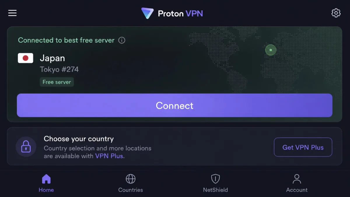 The Proton VPN app on the free plan, showing the "Connect" button with an automatically chosen free server and a prompt noting that country selection needs VPN Plus.