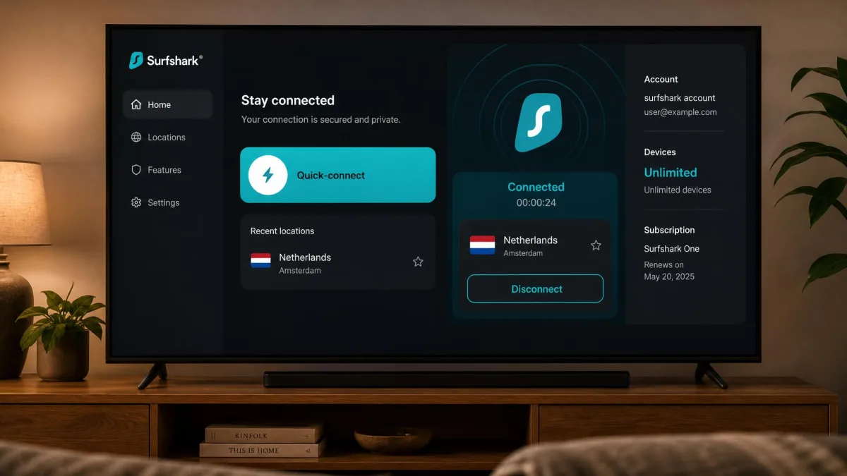 Surfshark's Fire TV app home screen on a living-room TV, showing the quick-connect button, a Netherlands server selected and the device count reading unlimited on the account panel.