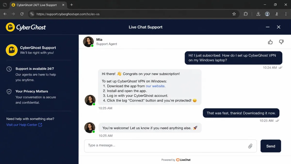 CyberGhost 24/7 live chat support window open in a browser with an agent responding quickly to a setup question.