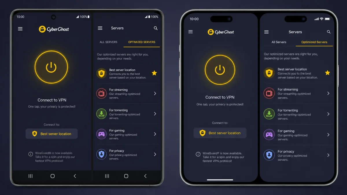 CyberGhost mobile apps shown side by side on an Android phone and an iPhone, each displaying the one-tap connect screen and the optimized-server tabs.